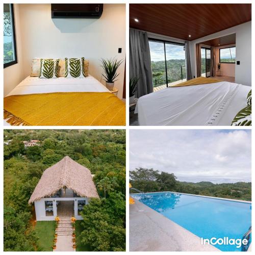 a collage of pictures of a bedroom and a pool at Tardes Doradas in Quepos