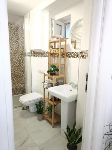 a bathroom with a white sink and a toilet at Old Town Cozy Nest in Sibiu