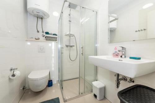 a bathroom with a shower and a toilet and a sink at Holiday House Libra in Jadrija