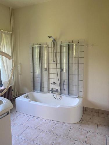 a white bathroom with a tub and a shower at Myrio in Malmedy