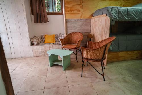 a room with chairs and a table and a dog at Cabañas El Bosque in Maitencillo