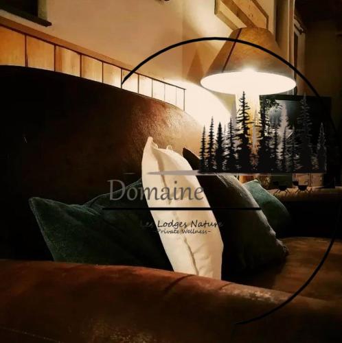 Cette chambre comprend un canapé avec des oreillers et une lampe. dans l'établissement Domaine les lodges nature ,private wellness, à Soultzeren