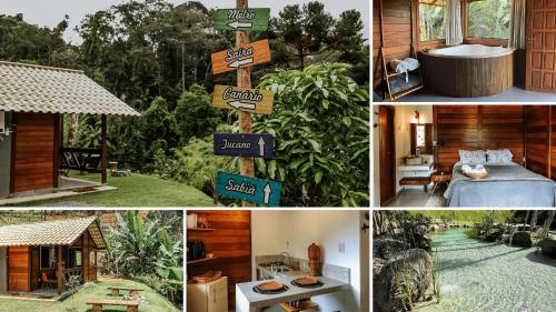 a collage of four pictures of a resort at Sítio Balango: Seu refúgio em Domingos Martins. Chalés para casais e casa para grupo de pessoas in Domingos Martins
