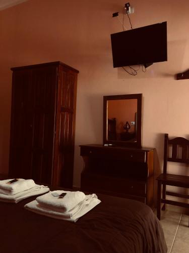 a bedroom with a bed with a dresser and a mirror at Hotel Valle Colorado in Villa Unión