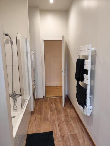 une salle de bain avec une douche, un lavabo et un miroir dans l'établissement Montparnasse, à Romans-sur-Isère