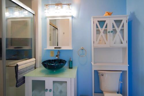 a bathroom with a sink and a mirror and a toilet at Loza house coastal design unit with lake & mountain views in Plattsburgh