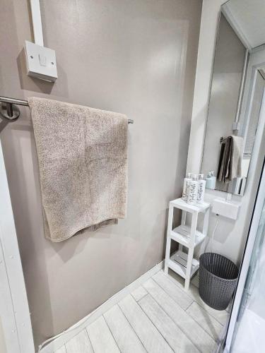 a bathroom with a towel hanging on the wall at The Fourwinds Cosy Cabin- 15mins to Belfast city in Belfast