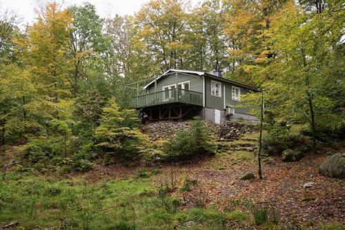 a green house on a hill in the woods at Green Villa in Tjörnarp