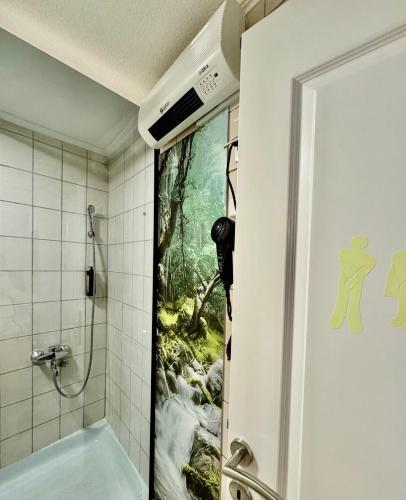 a bathroom with a shower with a painting on the wall at Apartments Mehić in Mostar