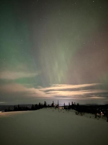 a view of the night sky with a field of snow at Nydelig utsikt, ski in out, 3 soverom in Aurdal