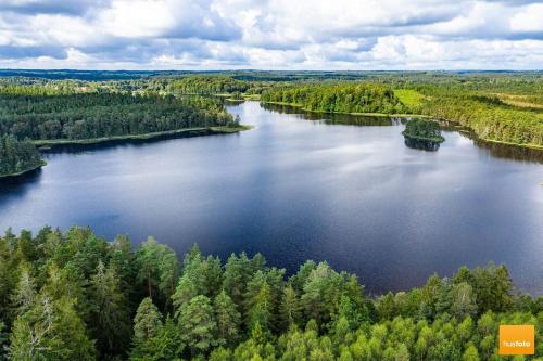an aerial view of a lake in the woods at Nice log house near lake and forest in Vittsjö in Vittsjö
