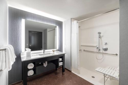 a bathroom with a sink and a mirror and a shower at Residence Inn by Marriott Manchester Downtown in Manchester