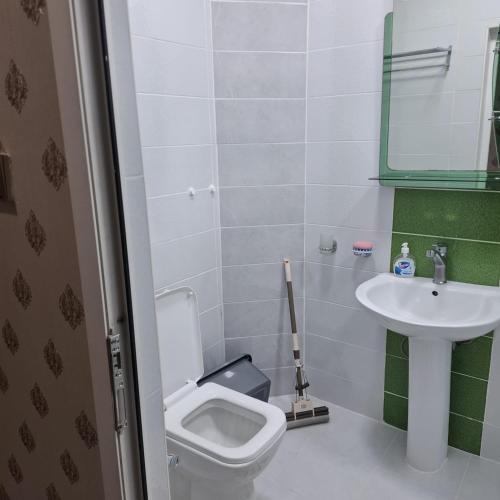 a small bathroom with a toilet and a sink at Aviacity Apartment in Baku