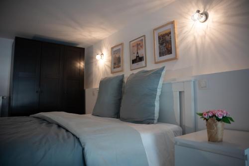 ein Schlafzimmer mit einem Bett mit blauen Kissen in der Unterkunft Le Passementier, T2 duplex grand volume parking souterrain wifi Netflix in Saint Etienne