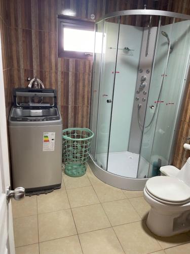 a bathroom with a shower and a toilet at Casa Sra Oti, Tipo Hostal con vista al mar Puerto Montt - CHINQUIHUE in Puerto Montt