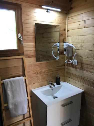 une salle de bain avec un lavabo blanc et un miroir dans l'établissement Chalet individuel pied des pistes 8 personnes, à Saint-Léger-les-Mélèzes