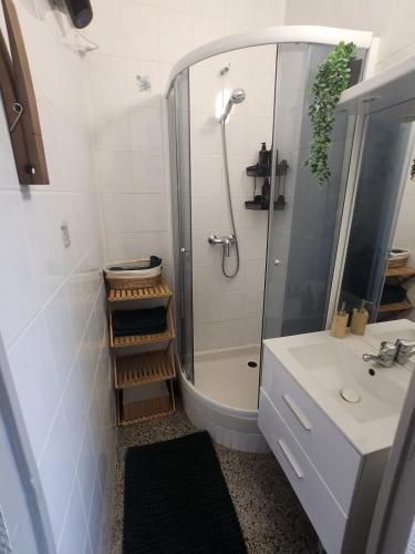 une salle de bain avec douche et lavabo dans l'établissement L 'Échappée Cambrésienne, à Cambrai