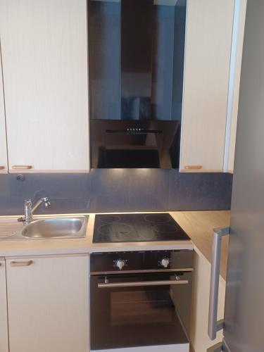 a kitchen with a stove and a sink at Villa Finlandia, Tornio at the border of Finland and Sweden in Tornio