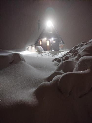 a house with a light on the roof in the snow at Brown cabin in Žabljak
