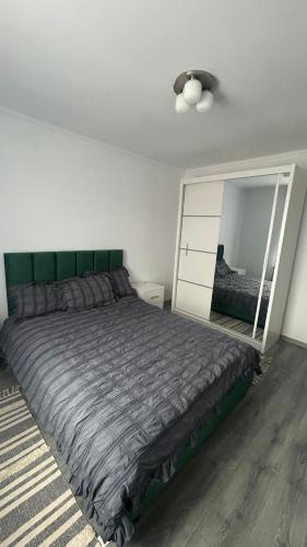 a bedroom with a large bed and a mirror at Palko Residence 2 in Ocna-Mureşului