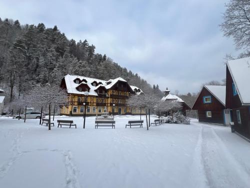 a large building with snow on top of it at Zaži Ubytovanie PIENINY by Zazi in Červený Kláštor