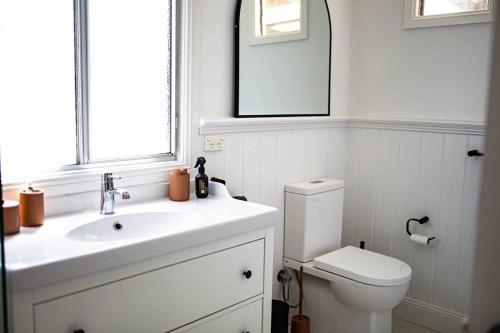 a bathroom with a toilet and a sink and a mirror at Ziggys Erowal Bay in Erowal Bay