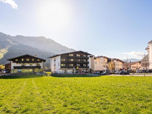 a group of buildings in a green field with a mountain at Brixen Alpin Living Top 1 und 2 und 3 in Brixen im Thale