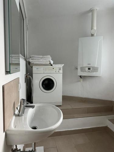 a bathroom with a washing machine and a sink at Lillys Appartement 3 in 3430 Tulln in Tulln