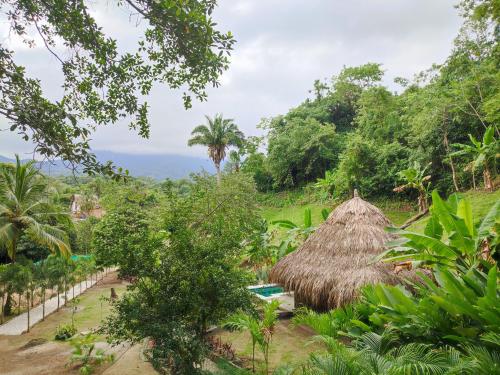 a resort with a pool and a thatch roof at Colibri Parque Tayrona Dentro del Parque Nacional Tayrona in El Zaino