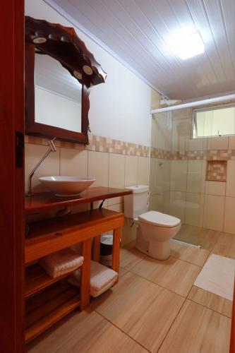 a bathroom with a sink and a toilet at Hospedaria Brigite - Apartamento de Férias in Treze Tílias