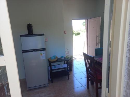 a kitchen with a refrigerator and a table and a door at Urku Wasi II in Chilecito
