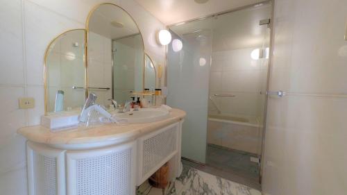 a bathroom with a sink and a shower and a mirror at Premier Hotel Nakajima Park Sapporo in Sapporo