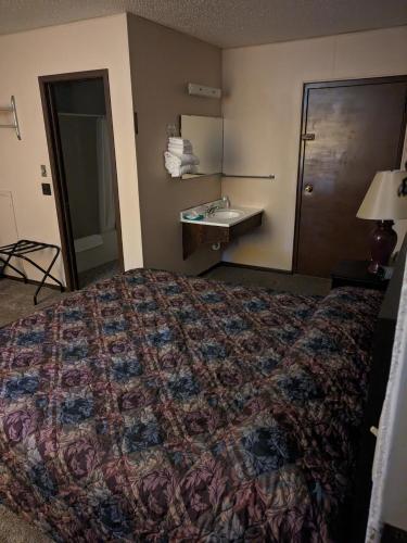 a hotel room with a bed and a sink at Paradise Falls Motel & Liquor LLC in Red Lake Falls