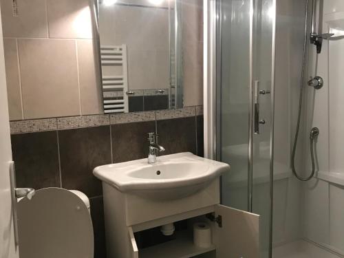 une salle de bain avec un lavabo, une douche et des toilettes dans l'établissement Grand chalet à Super Besse pour 12 pers, 4 ch, navette proche - FR-1-814-2, à Besse-et-Saint-Anastaise