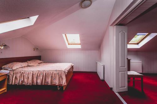 a bedroom with a bed and two skylights at Hotel Twins in Warsaw