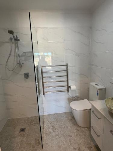 a bathroom with a toilet and a glass shower at Two bedrooms Escape to Countryside Retreat in Wamboin