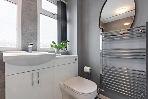 a bathroom with a toilet and a sink and a mirror at Large spacious and spotless house with hot tub and snooker and table tennis NEC,JLR,Airport Sleeps 8 in Water Orton