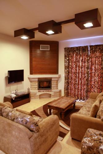 a living room with a couch and a fireplace at Cedars Palace in Al Arz