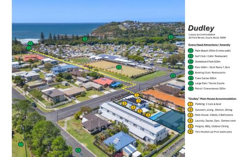 a map of the suburb of dudley with green arrows at Park St in Evans Head
