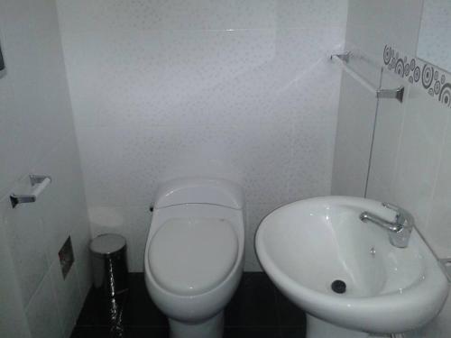 a small bathroom with a toilet and a sink at Arum Qurpawasi Hospedaje in Cabanaconde