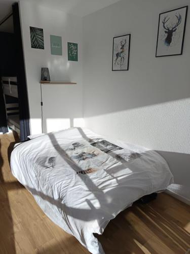 - un lit avec une couette blanche dans une chambre dans l'établissement Cosy studio 25 m2 orienté sud entièrement rénové, à Prénatier