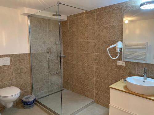 a bathroom with a shower and a toilet and a sink at Haus Luna - Apartments in Schwangau