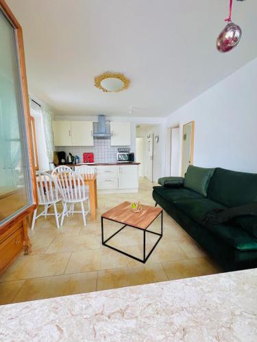 a living room with a green couch and a table at Haus Luna - Apartments in Schwangau