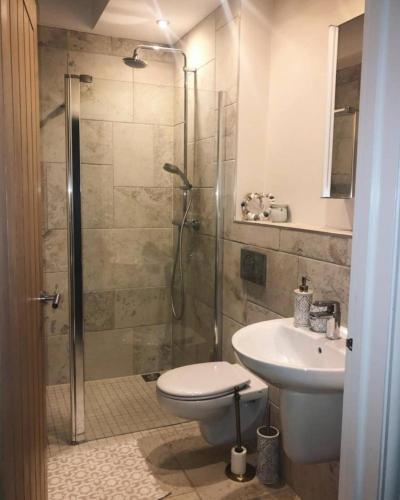 a bathroom with a shower and a toilet and a sink at Beautiful garden room in Red Lodge