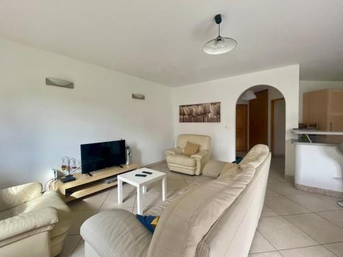 un salon avec deux canapés et une télévision dans l'établissement Maison avec Jardin Boussens Quartier Calme, à Boussens