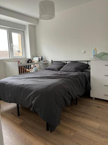 un grand lit dans une chambre avec un plancher en bois dans l'établissement Maison 6 personnes, à Quincy-Voisins