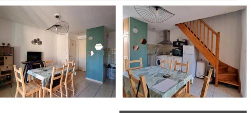- deux photos d'une cuisine et d'une salle à manger avec une table dans l'établissement Villa à 5 minutes à pieds de la mer, à Fleury