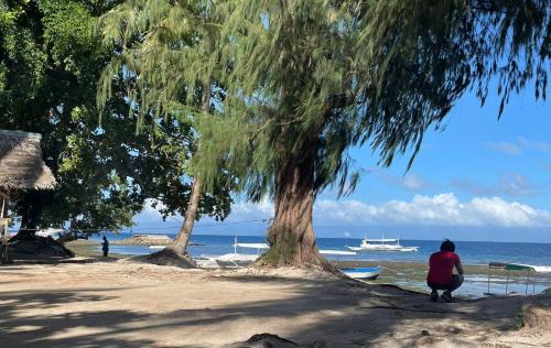 a woman walking along a beach with a tree at Shanti Farm Bamboo Cabin in Panglao