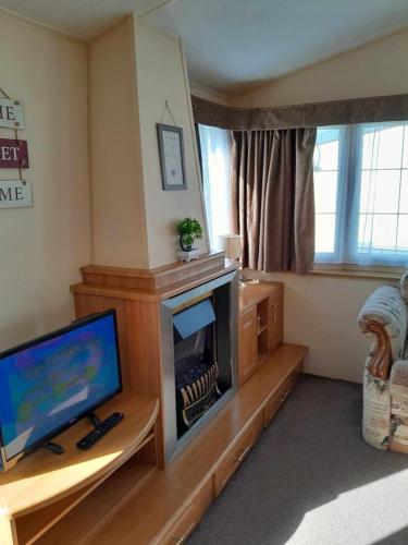 a living room with a fireplace and a television at Dees caravan hire Ingoldmells Skegness in Ingoldmells