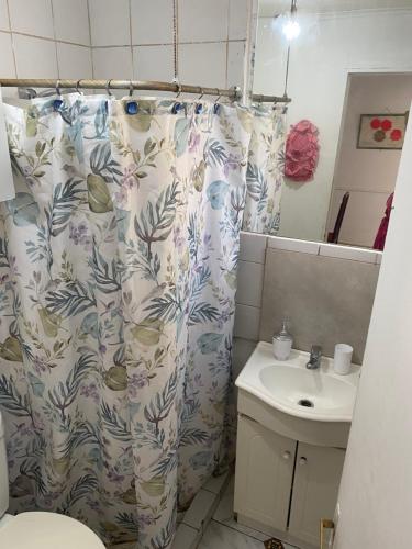 a bathroom with a shower curtain and a sink at casa Marcela papudo in Papudo